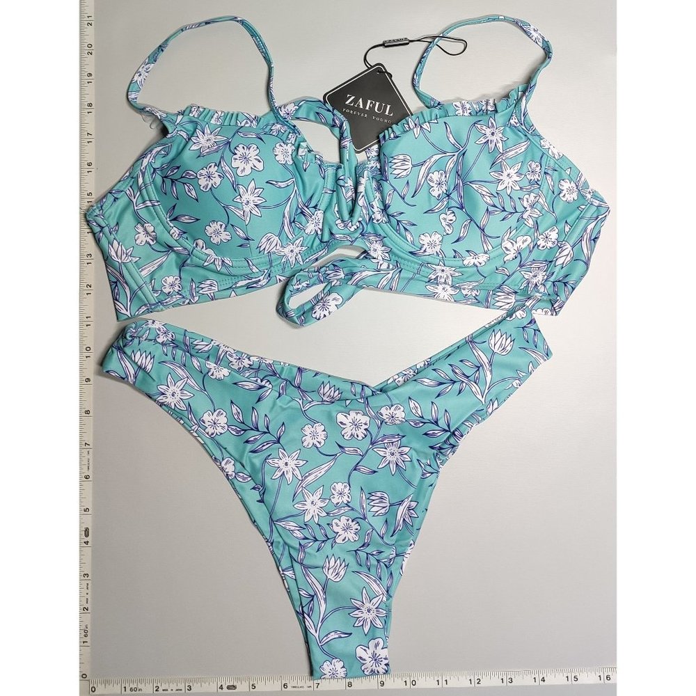 NWT ZAFUL Medium V-wire Push Up Blue Floral bikini set
